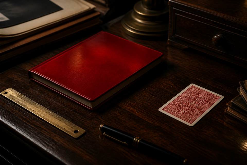 İnceleme masası, kırmızı defter ve cetvel